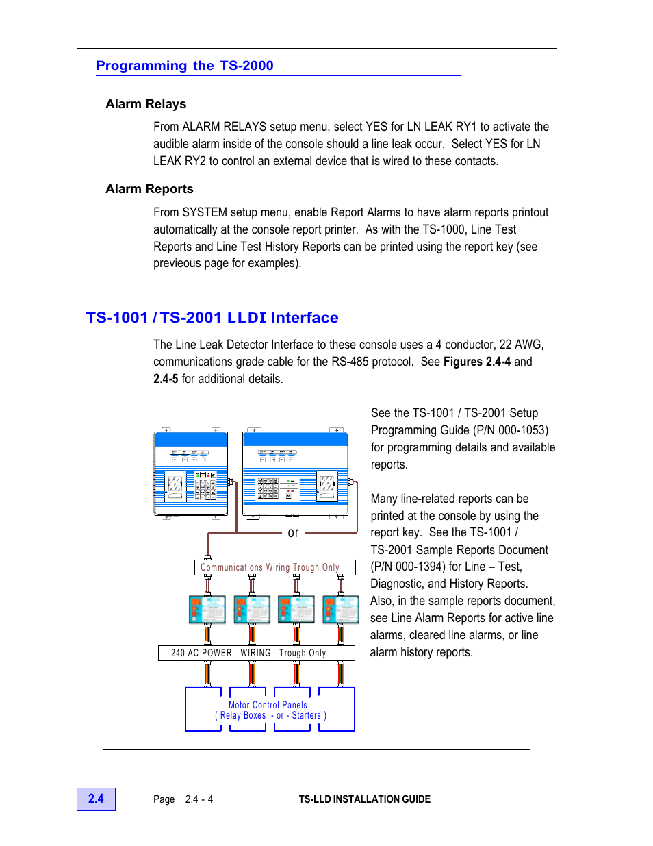 Programming the ts-2000 - 4, Alarm relays - 4, Alarm reports - 4 | Ts-1001 / ts-2001 lldi interface - 4 | Franklin Fueling Systems TS-LLD Installation Manual User Manual | Page 52 / 86