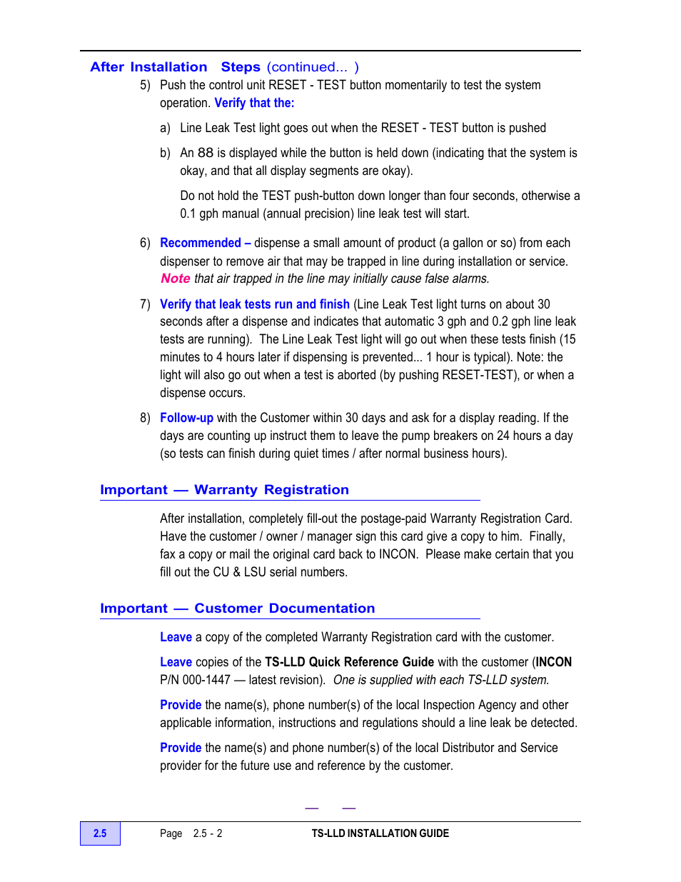 Important — warranty registration - 2, Important — customer documentation - 2 | Franklin Fueling Systems TS-LLD Installation Manual User Manual | Page 56 / 86