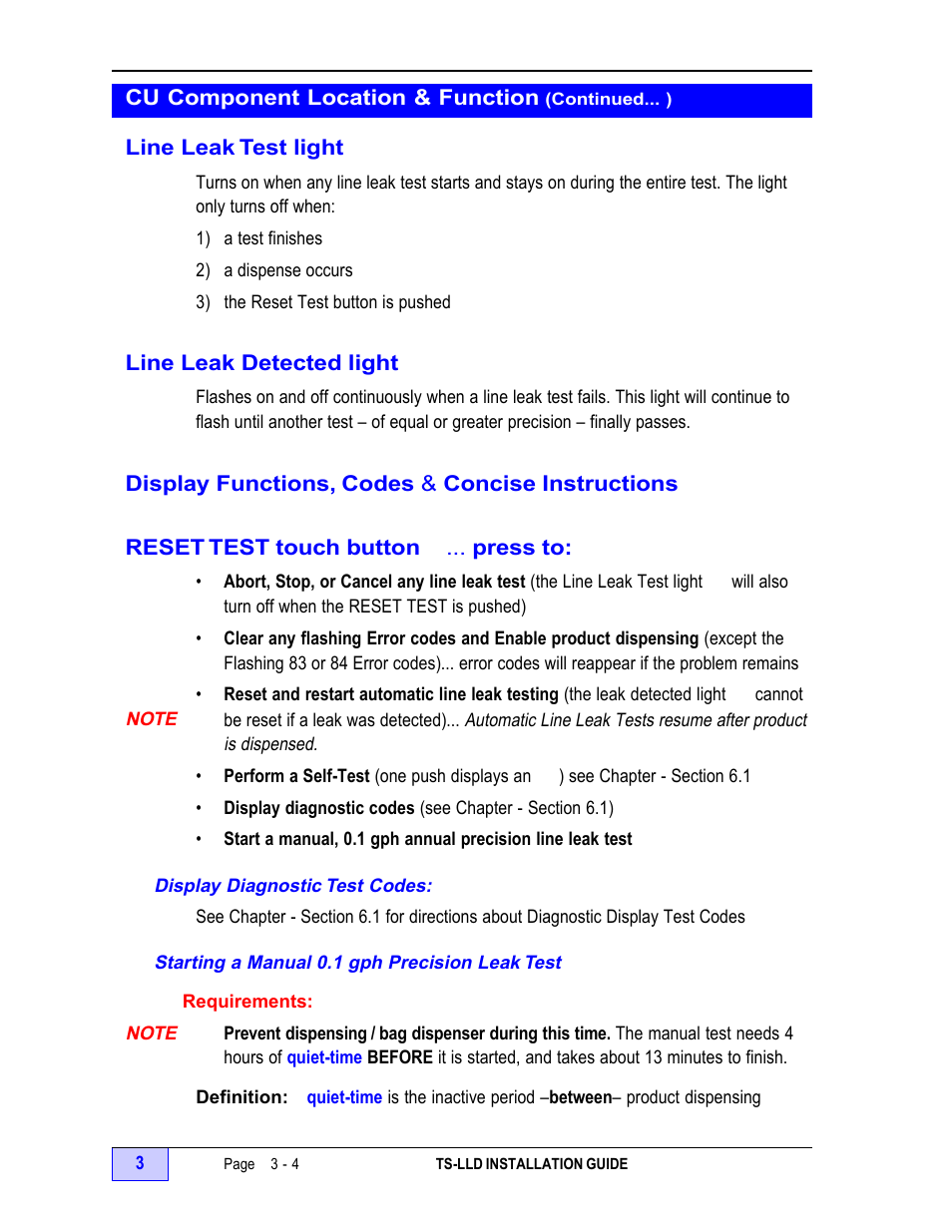 Line leak test light - 4, Line leak detected light - 4, Reset test touch button — press to: - 4 | Note - 4, Display diagnostic test codes: - 4, Starting a 0.1 gph annual precision leak test - 4, Requirements: - 4, Definition: quiet-time - 4 | Franklin Fueling Systems TS-LLD Installation Manual User Manual | Page 60 / 86