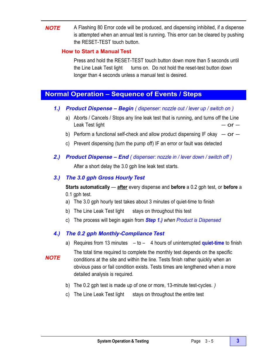 How to start a manual test - 5, Normal operation – sequence of events / steps - 5, ) product dispense – begin | Dispense: nozzle out / lever up / switch on ) - 5, ) product dispense – end, ) the 3.0 gph gross hourly test - 5, ) the 0.2 gph monthly-compliance test - 5, Note - 5 | Franklin Fueling Systems TS-LLD Installation Manual User Manual | Page 61 / 86