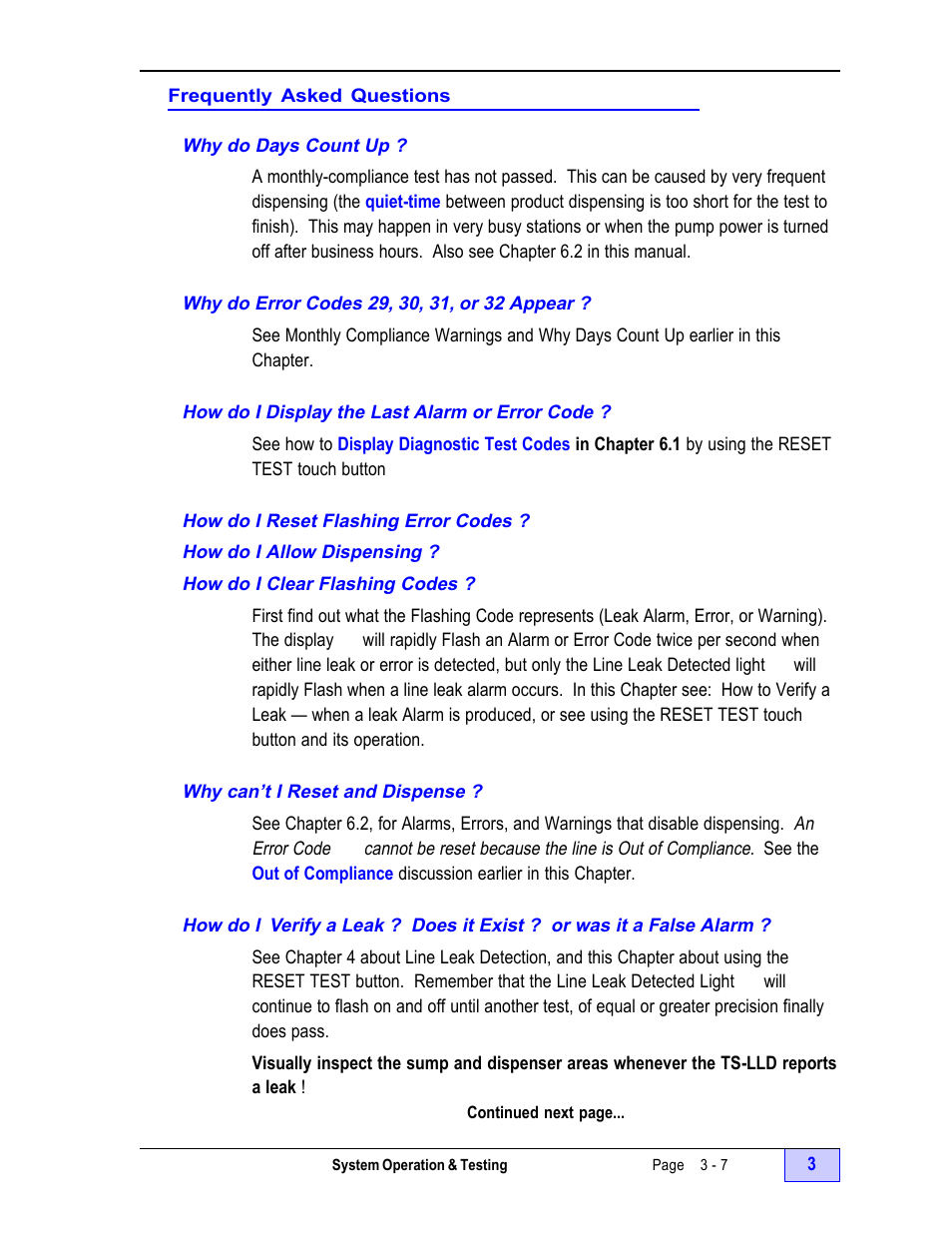 Frequently asked questions, Why do days count up ? - 7, Why do error codes 29, 30, 31, or 32 appear ? - 7 | How do i clear flashing codes ? - 7, Why can’t i reset and dispense ? - 7, How do i verify a leak ? - 7 | Franklin Fueling Systems TS-LLD Installation Manual User Manual | Page 63 / 86