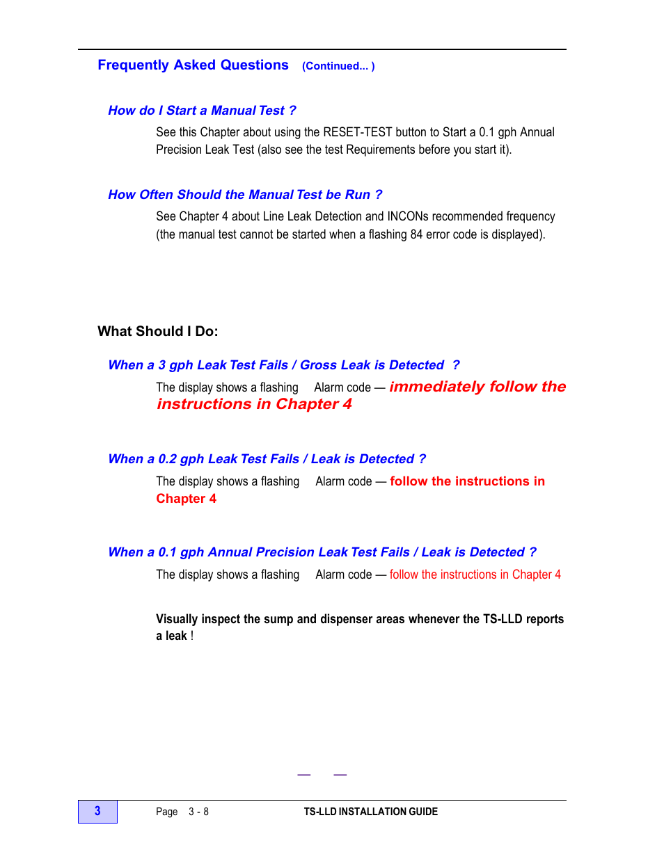 How do i start a manual test ? - 8, How often should the manual test be run ? - 8, What should i do | Franklin Fueling Systems TS-LLD Installation Manual User Manual | Page 64 / 86