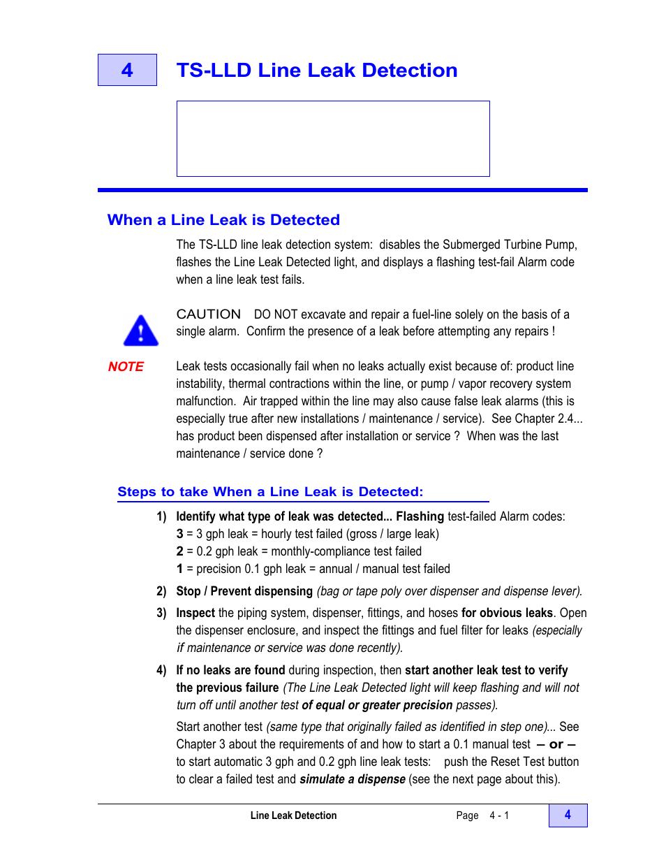 4 ts-lld line leak detection - 1, When a line leak is detected - 1, Note - 1 | Steps to take when a line leak is detected: - 1, 4ts-lld line leak detection | Franklin Fueling Systems TS-LLD Installation Manual User Manual | Page 65 / 86