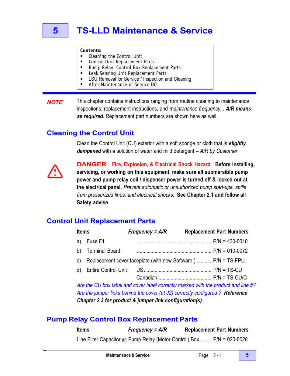 5 ts-lld maintenance & service - 1, Note - 1, Cleaning the control unit - 1 | Control unit replacement parts - 1, Pump relay control box replacement parts - 1, 5ts-lld maintenance & service | Franklin Fueling Systems TS-LLD Installation Manual User Manual | Page 67 / 86