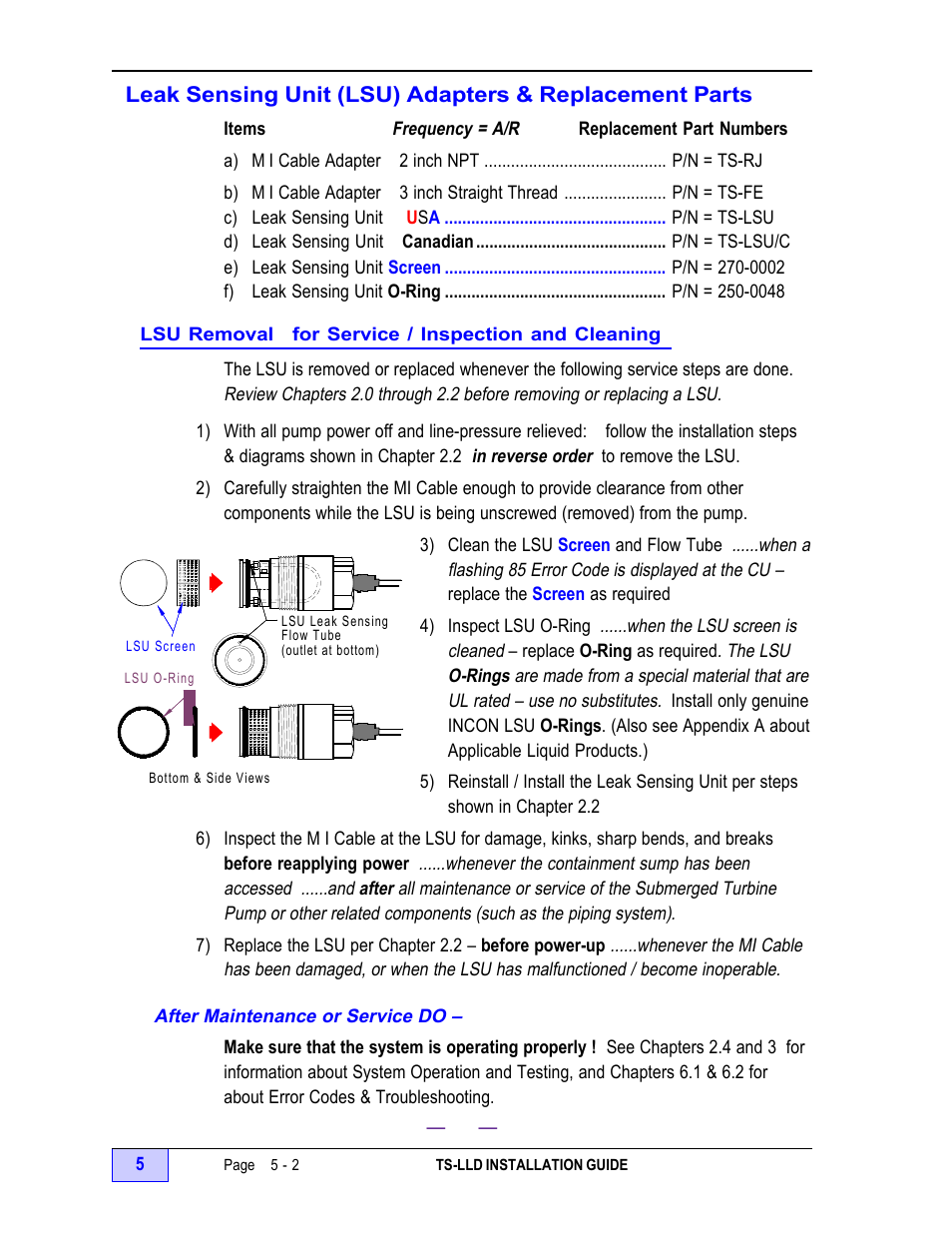 After maintenance or service do – - 2, Lsu bottom & side views - 2 | Franklin Fueling Systems TS-LLD Installation Manual User Manual | Page 68 / 86