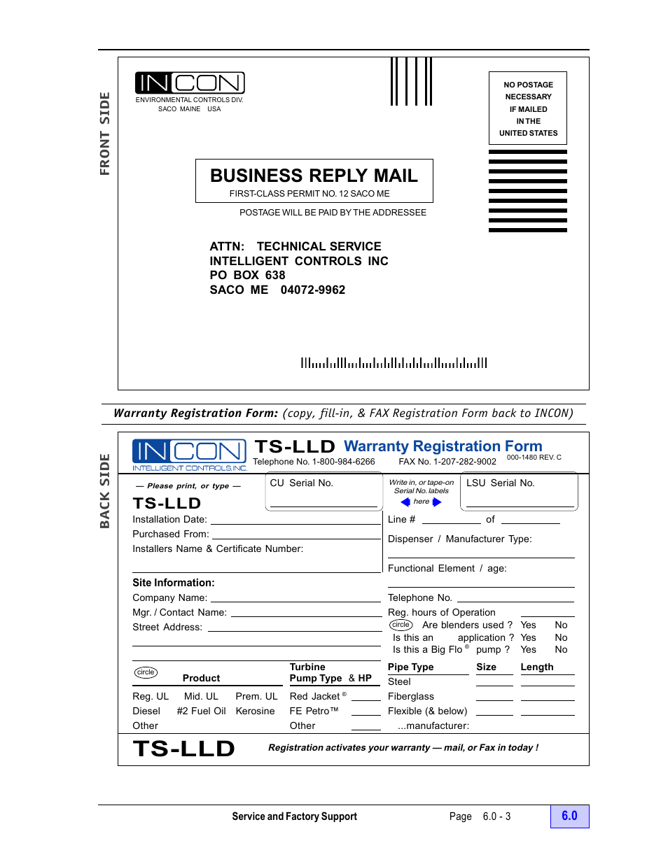 Warranty registration form, Copy, & fax reg. form back to incon), Business reply mail | Ts-lld, Ba ck side front side | Franklin Fueling Systems TS-LLD Installation Manual User Manual | Page 71 / 86