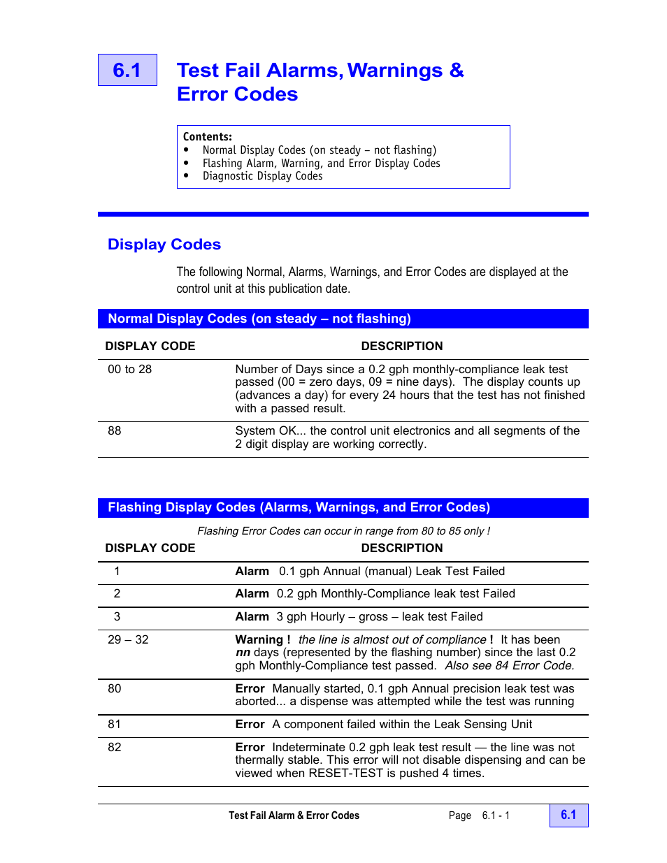 1 test fail alarms, warnings & error codes - 1, Display codes - 1, Alarms and error codes | Section 6.1, 1 test fail alarms, warnings & error codes | Franklin Fueling Systems TS-LLD Installation Manual User Manual | Page 73 / 86