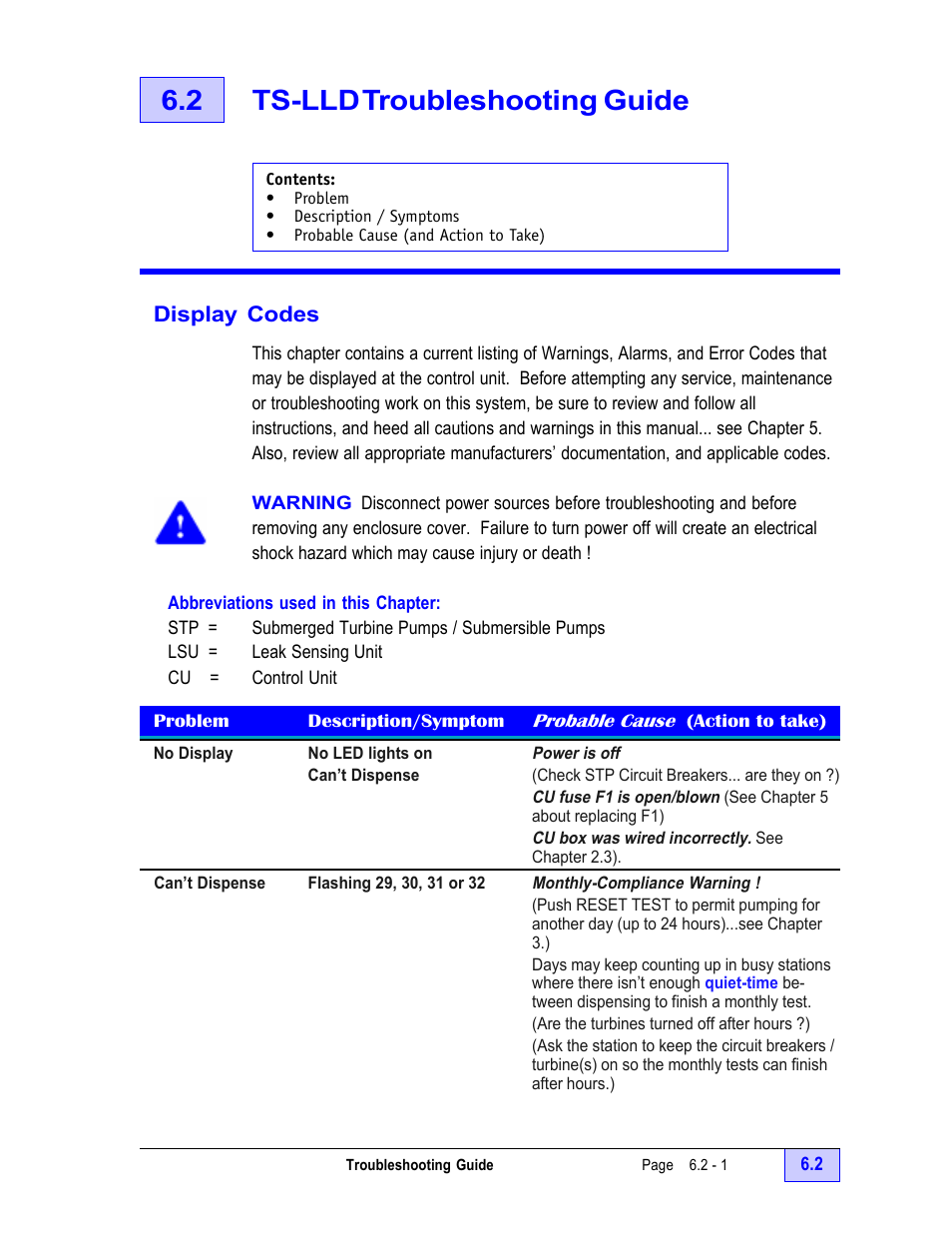 2 ts-lld troubleshooting guide - 1, Display codes - 1, Problem description/symptom | Probable cause (action to take) - 1, Trouble shooting guide, Section 6.2, 2 ts-lld troubleshooting guide | Franklin Fueling Systems TS-LLD Installation Manual User Manual | Page 75 / 86