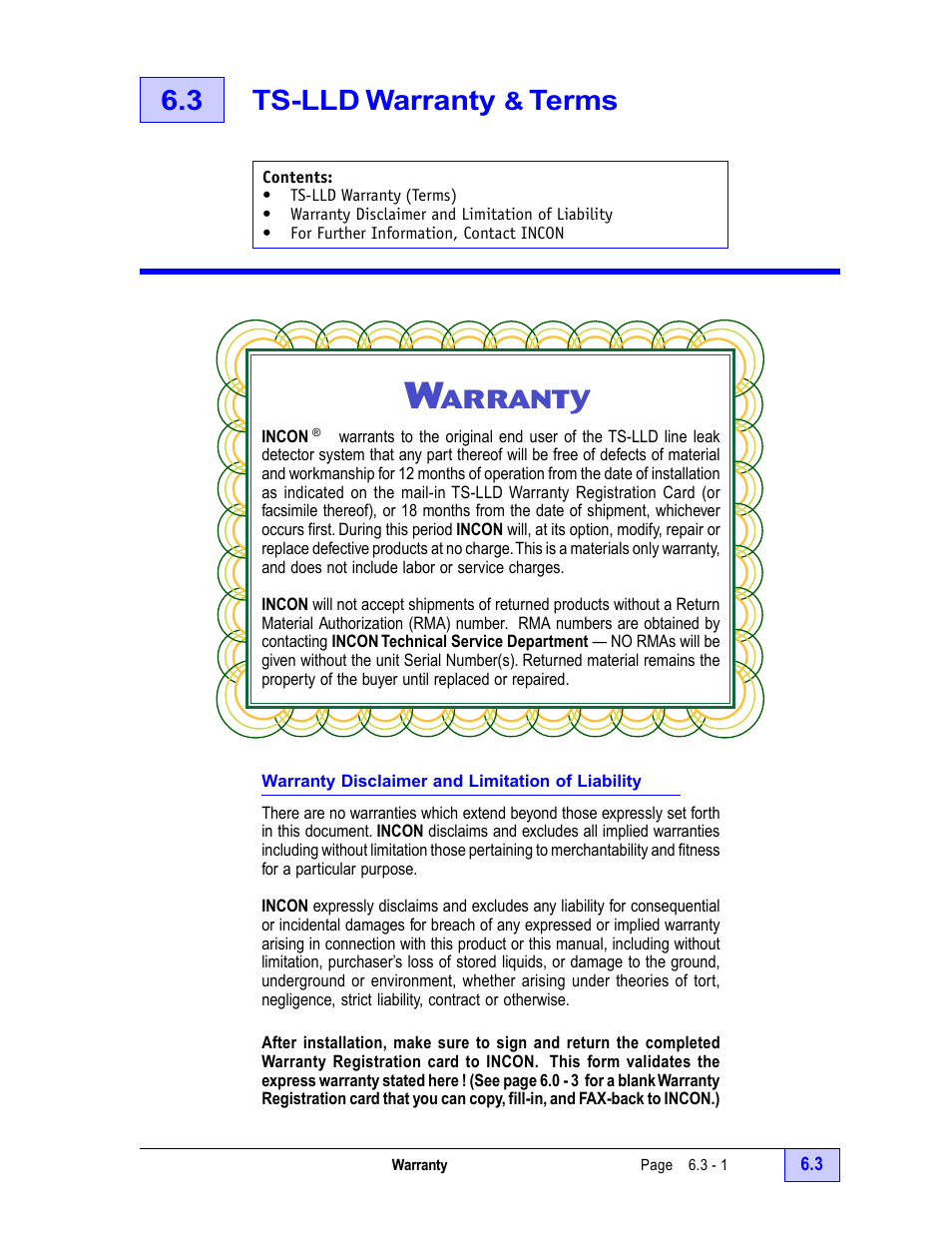 3 ts-lld warranty & terms - 1, Warranty - 1, Warranty | Section 6.3, 3 ts-lld warranty, Terms, Arranty | Franklin Fueling Systems TS-LLD Installation Manual User Manual | Page 79 / 86