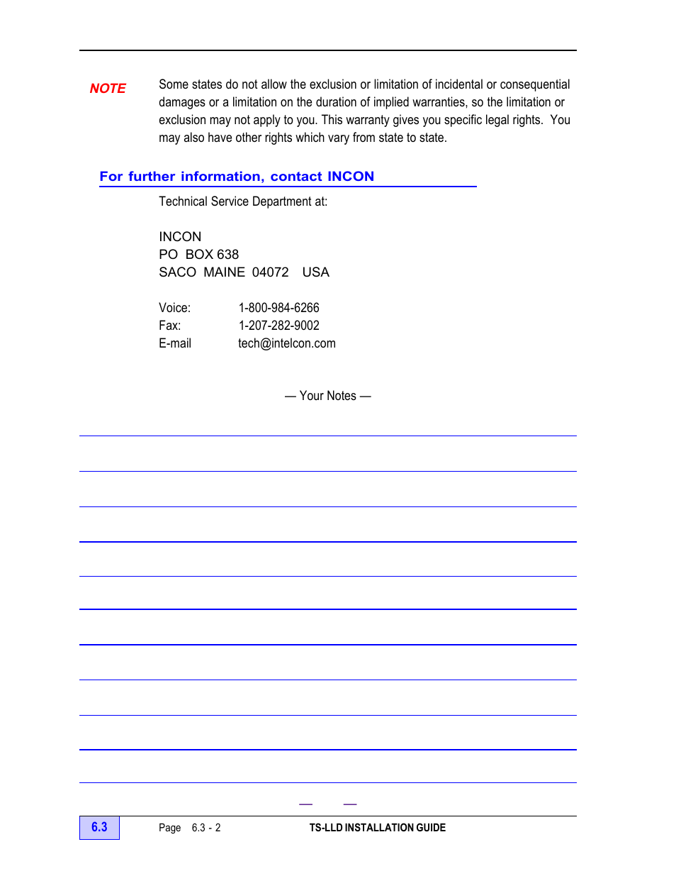 For further information, contact incon - 2, Your notes - 2 | Franklin Fueling Systems TS-LLD Installation Manual User Manual | Page 80 / 86