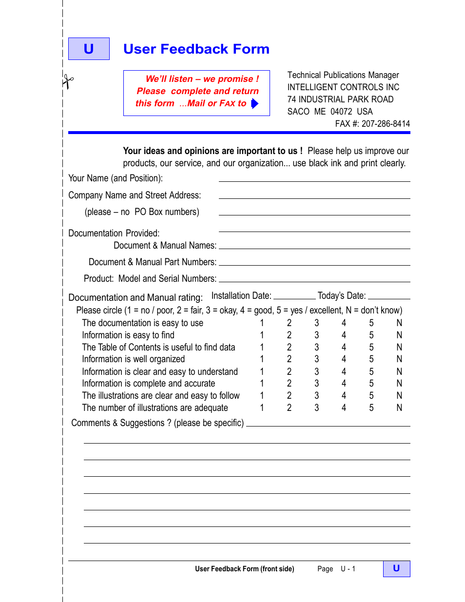 Uuser feedback form | Franklin Fueling Systems TS-LLD Installation Manual User Manual | Page 83 / 86