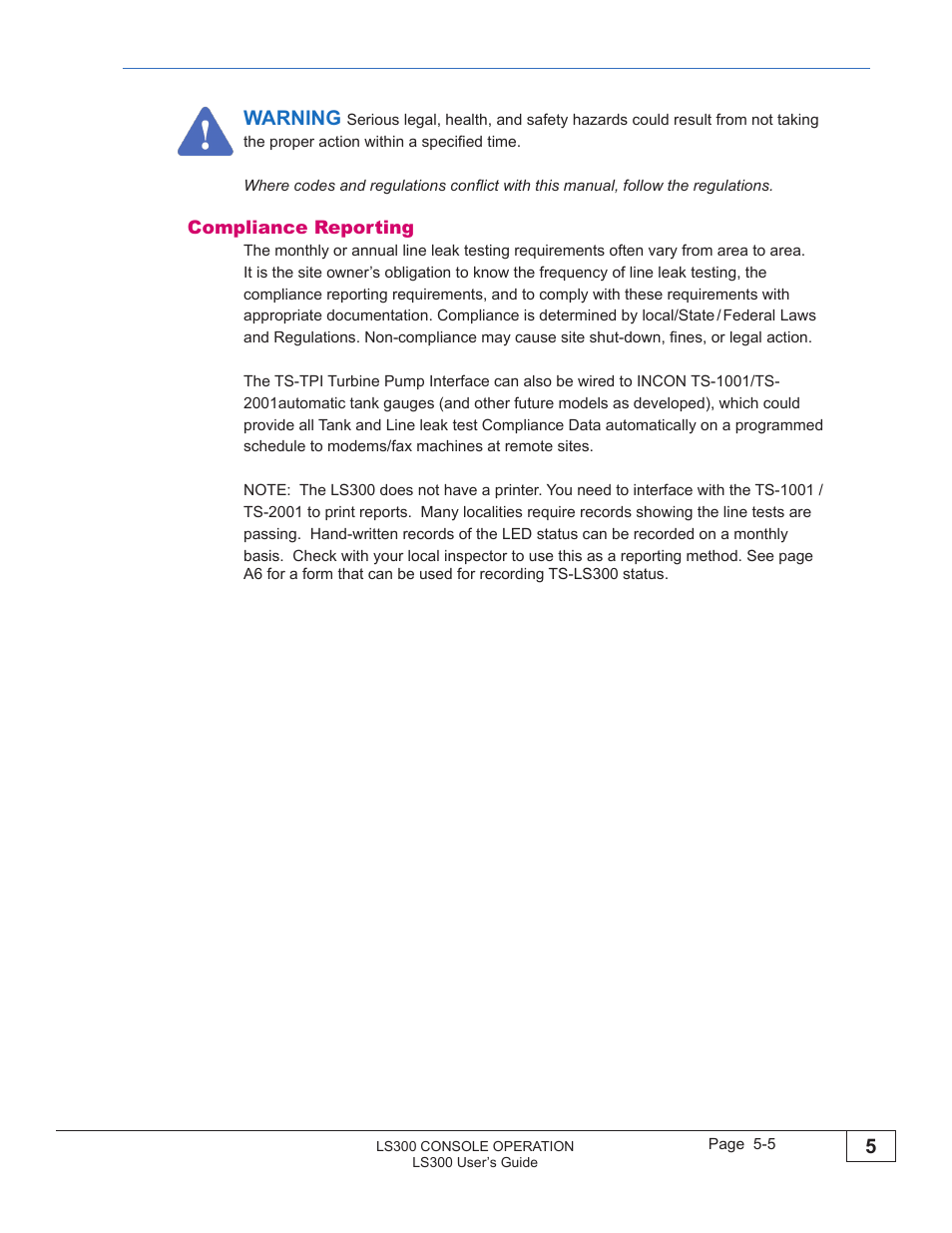 Warning | Franklin Fueling Systems TS-LS300 AutoLearn Pressure-Based Electronic Line Leak Detector System Users Guide User Manual | Page 38 / 52