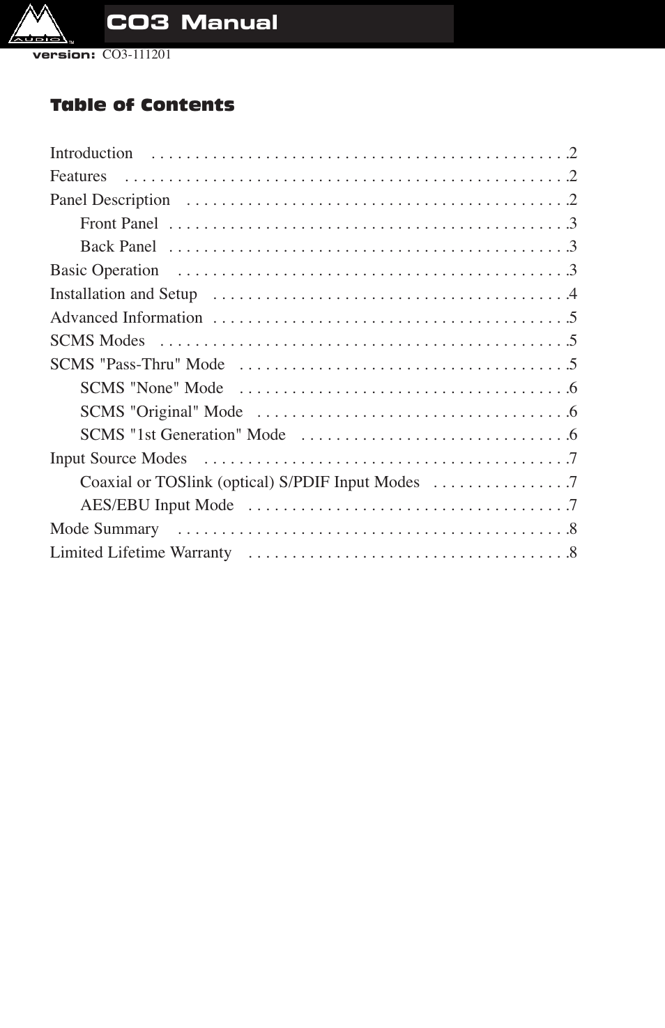 M-AUDIO CO3 User Manual | 8 pages