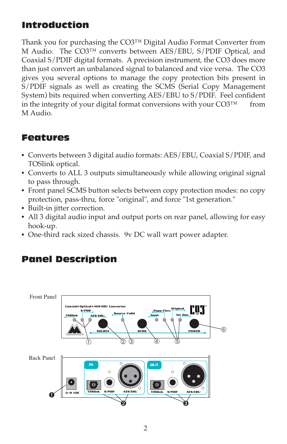 Introduction, Features, Panel description | M-AUDIO CO3 User Manual | Page 2 / 8