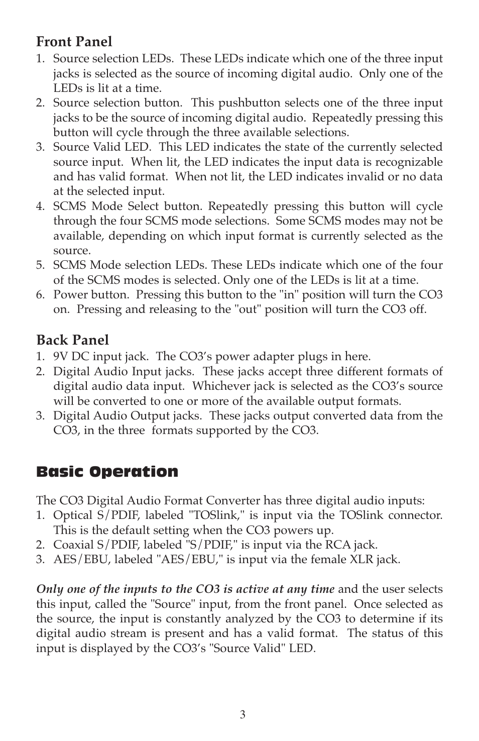 Front panel, Back panel, Basic operation | M-AUDIO CO3 User Manual | Page 3 / 8