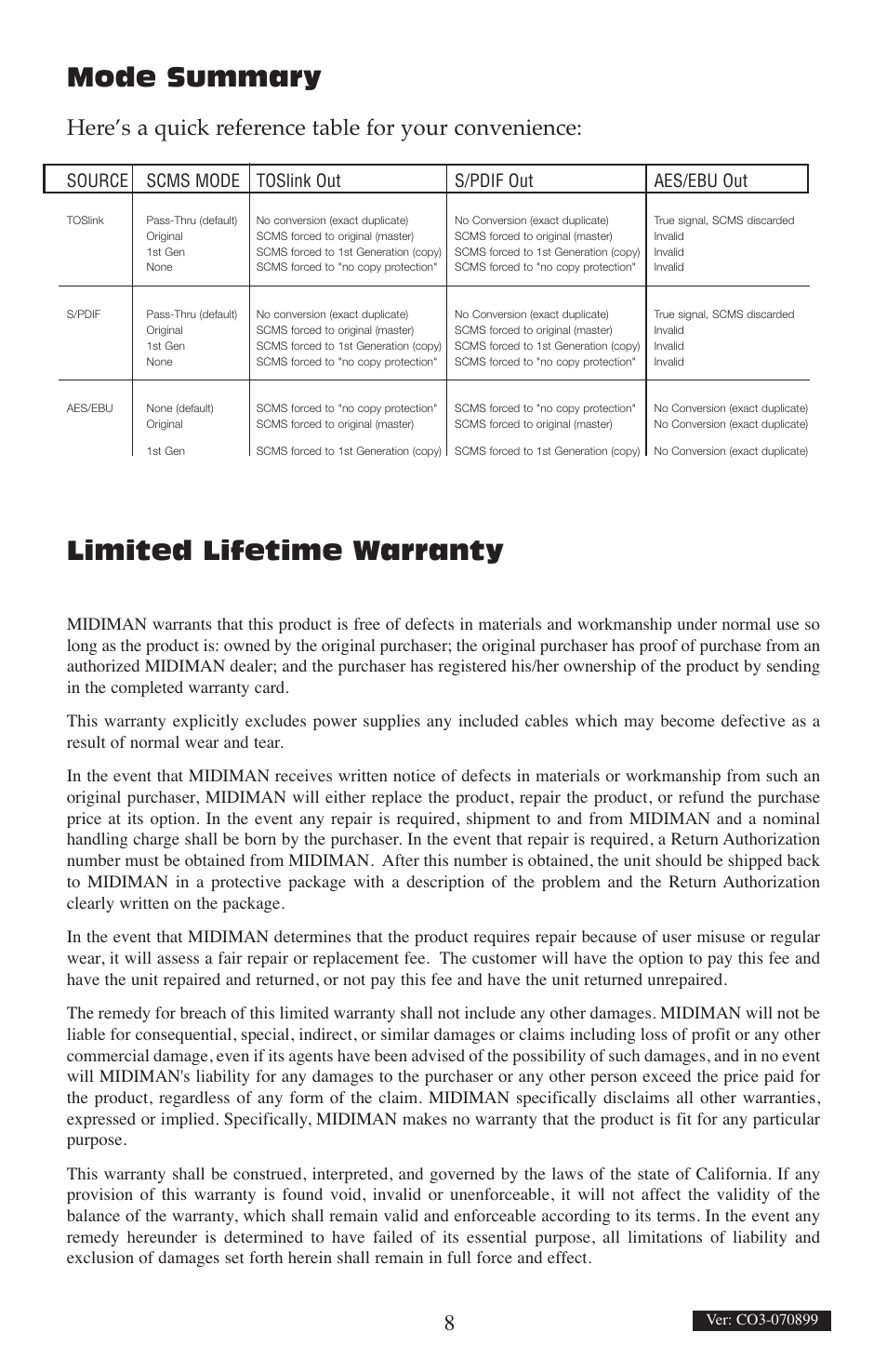 Mode summary, Limited lifetime warranty | M-AUDIO CO3 User Manual | Page 8 / 8