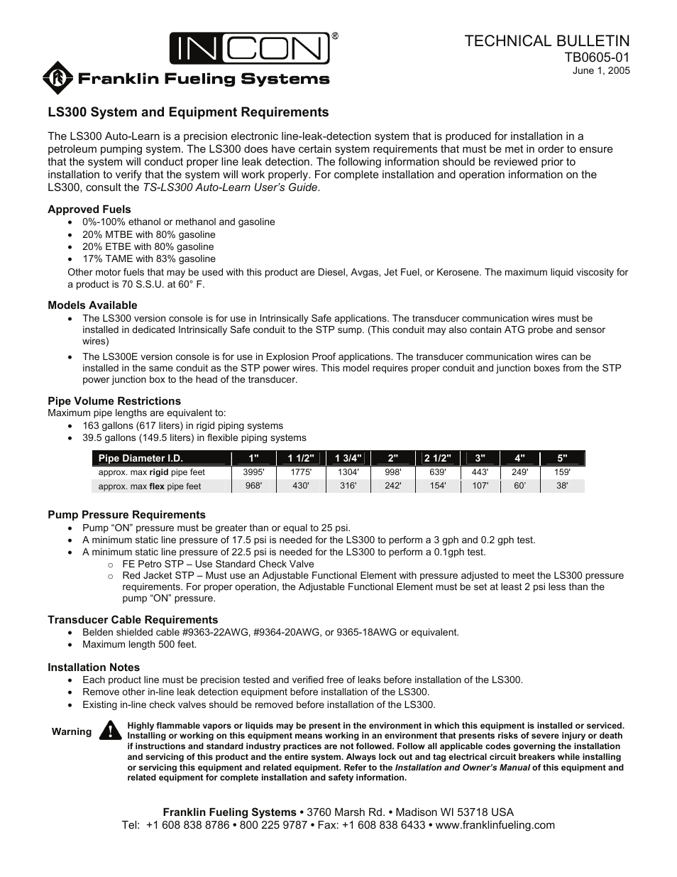 Franklin Fueling Systems TS-LS300 System and Equipment Requirements User Manual | 1 page