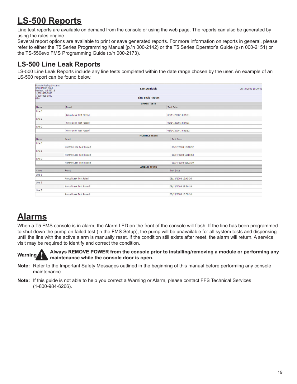 Ls-500 reports, Alarms, Ls-500 line leak reports | Franklin Fueling Systems LS500 Auto Learn Line Leak Detection Installation & Users Guide User Manual | Page 19 / 24