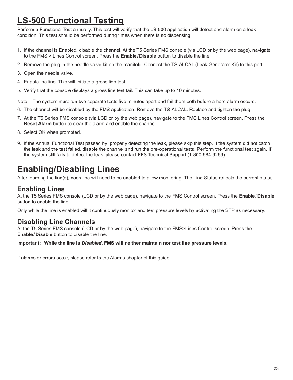 Ls-500 functional testing, Enabling/disabling lines, Enabling lines | Disabling line channels | Franklin Fueling Systems LS500 Auto Learn Line Leak Detection Installation & Users Guide User Manual | Page 23 / 24