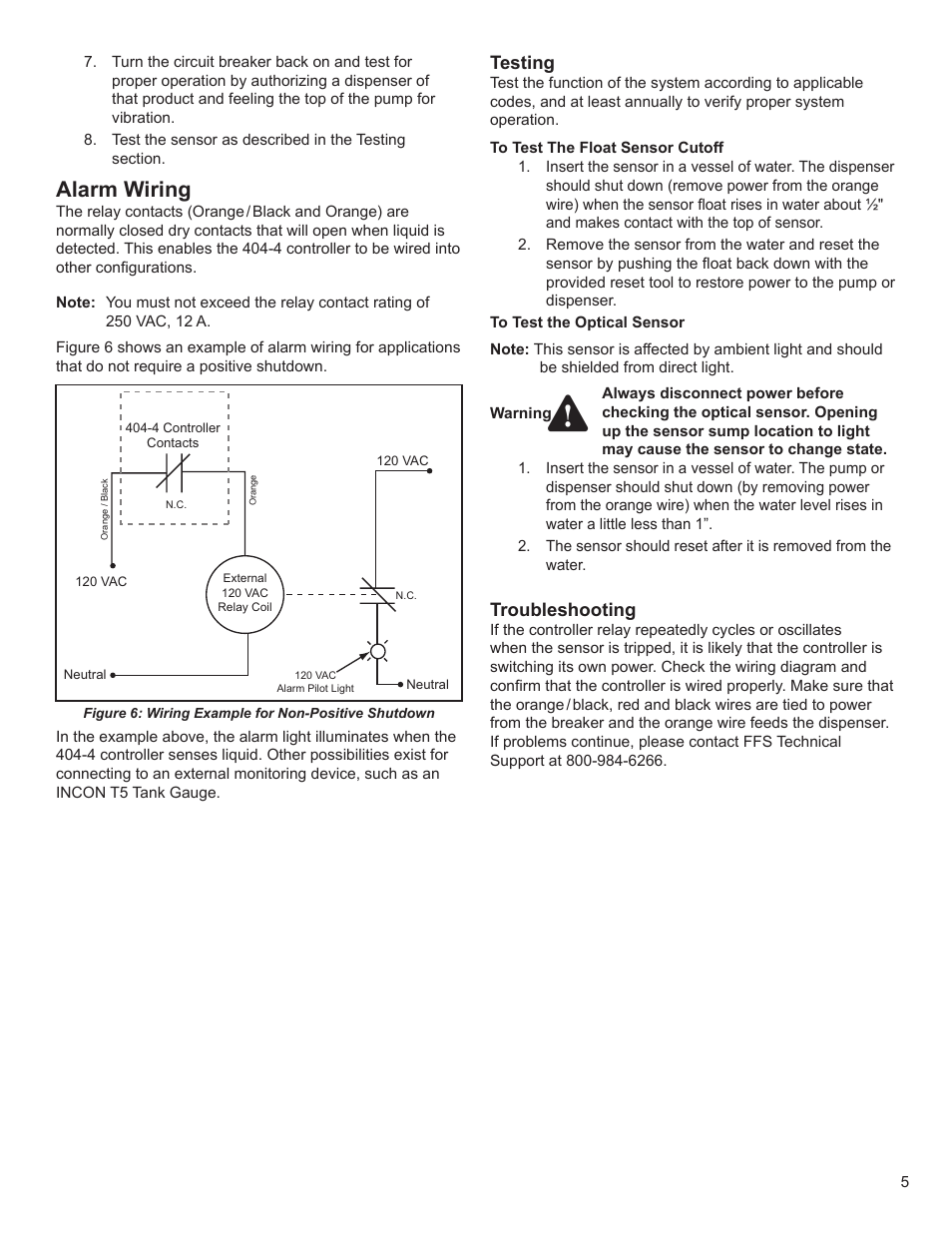 Alarm wiring, Testing, Troubleshooting | Franklin Fueling Systems DC406 Dispensing Cutoff System User Manual | Page 5 / 6