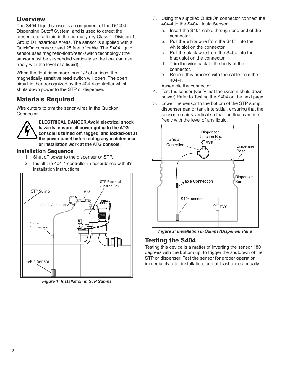 Overview, Materials required, Testing the s404 | Franklin Fueling Systems S404 Liquid Sensor User Manual | Page 2 / 4