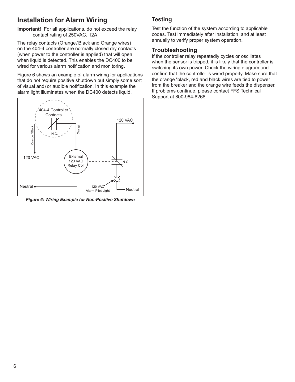 Installation for alarm wiring, Testing, Troubleshooting | Franklin Fueling Systems DC404-4 Controller User Manual | Page 6 / 12