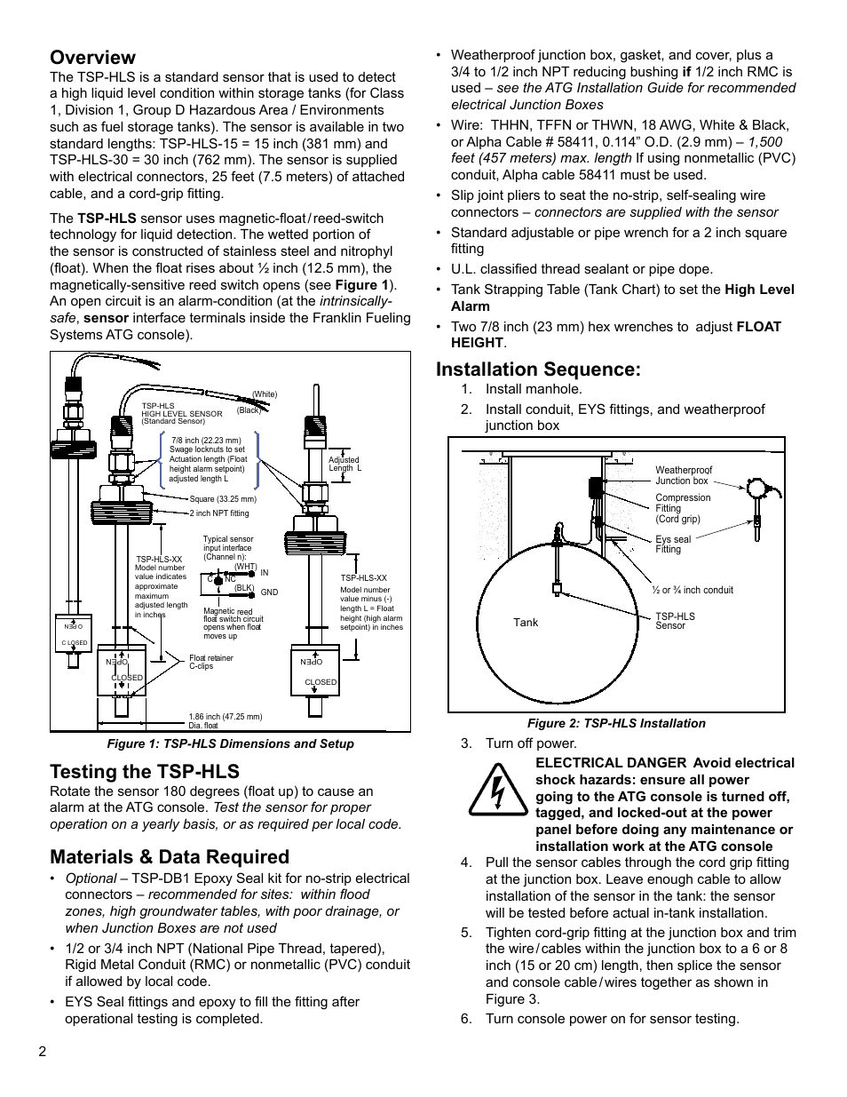 Overview, Testing the tsp -hls, Materials & data required | Installation sequence | Franklin Fueling Systems TSP-HLS User Manual | Page 2 / 4