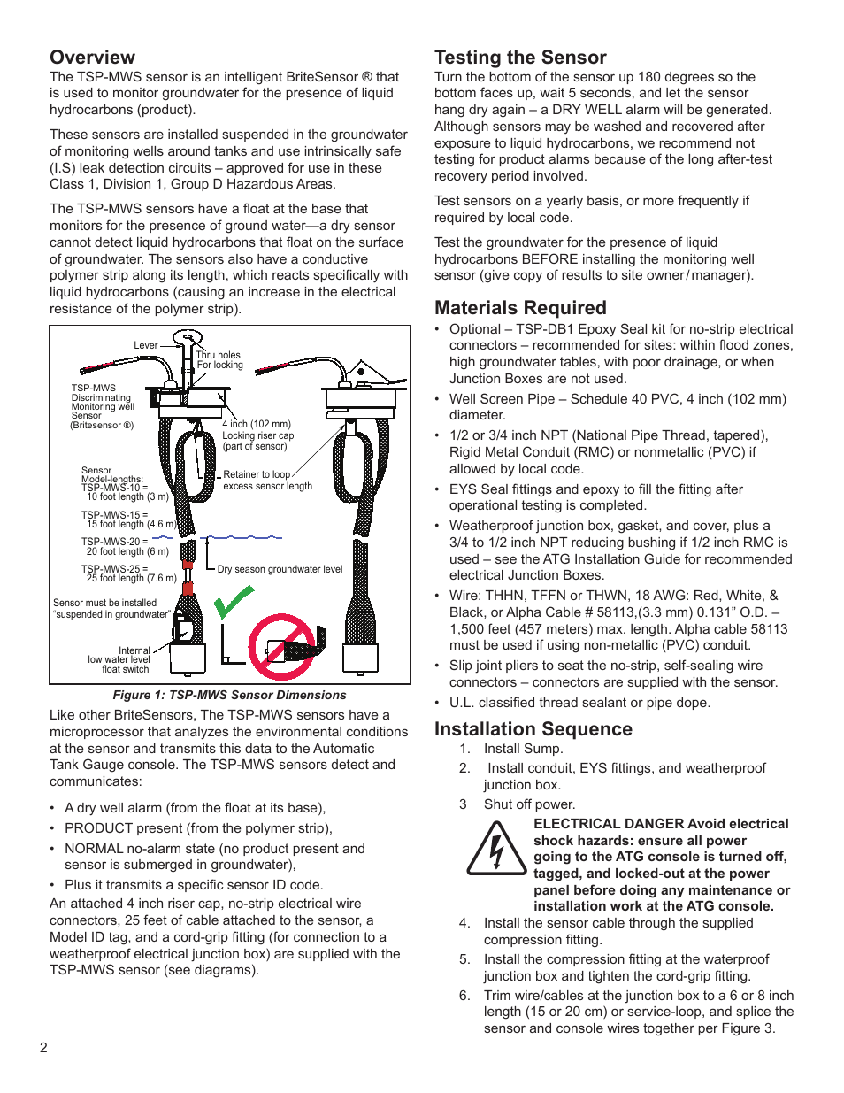 Overview, Testing the sensor, Materials required | Installation sequence | Franklin Fueling Systems TSP-MWS User Manual | Page 2 / 4