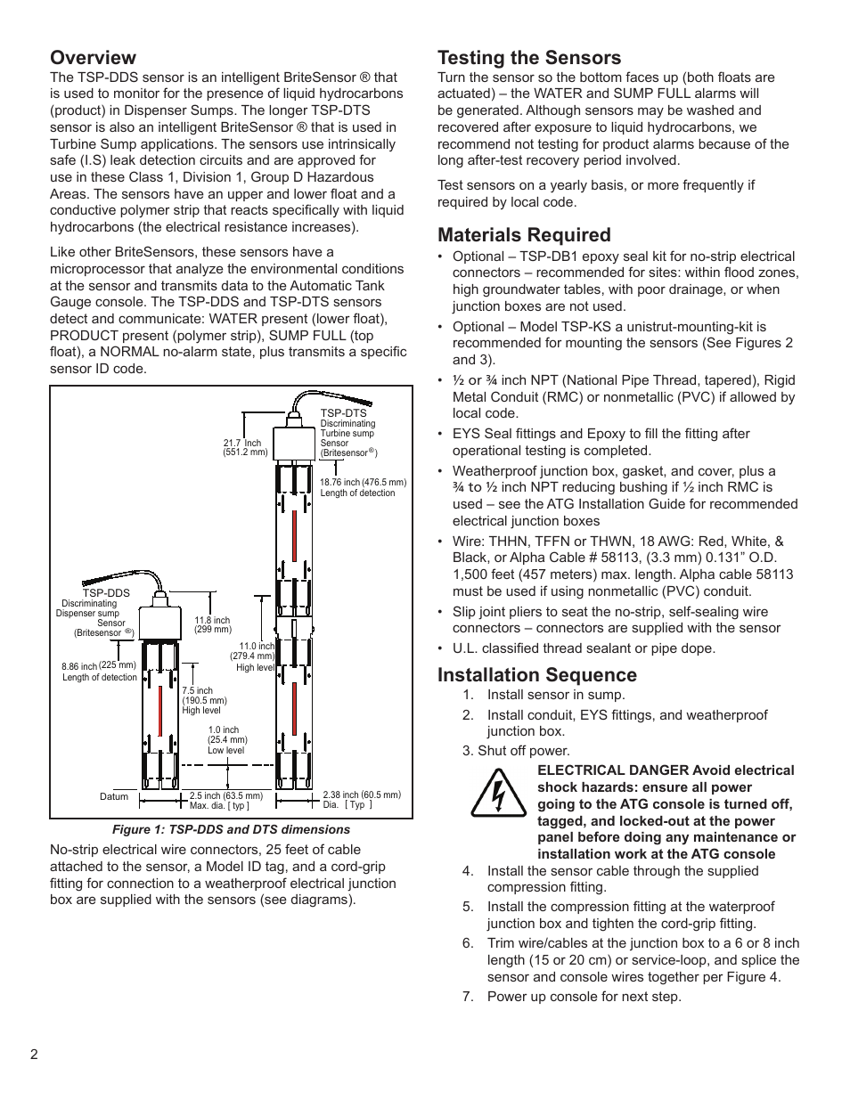 Overview, Testing the sensors, Materials required | Installation sequence | Franklin Fueling Systems TSP-DDS User Manual | Page 2 / 4