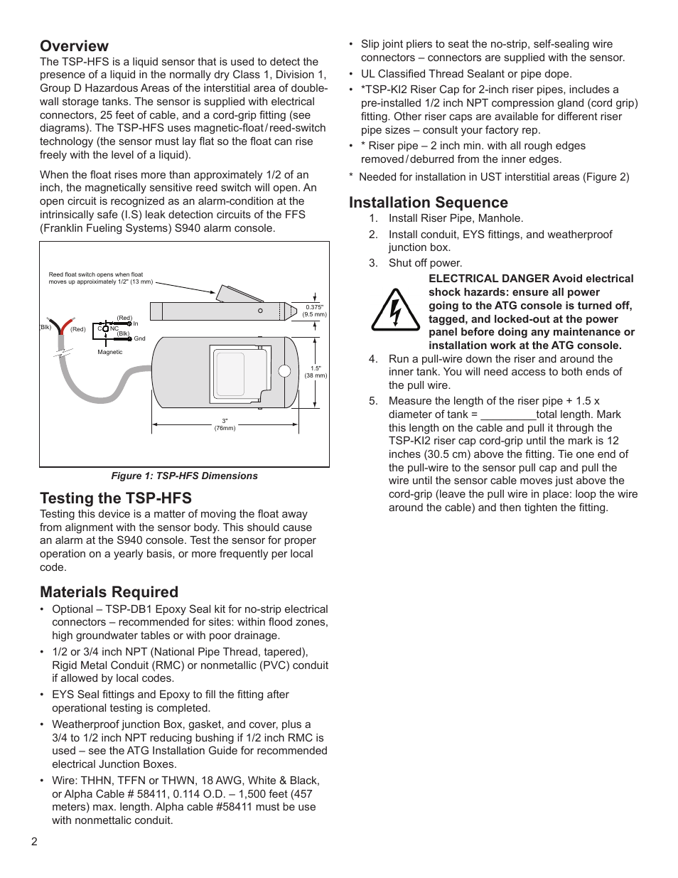 Overview, Testing the tsp-hfs, Materials required | Installation sequence | Franklin Fueling Systems TSP-HFS User Manual | Page 2 / 4