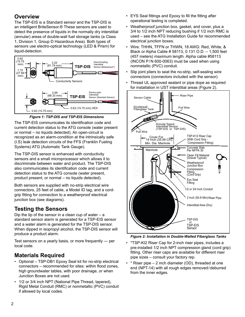 Overview, Testing the sensors, Materials required | Franklin Fueling Systems TSP-DIS User Manual | Page 2 / 4