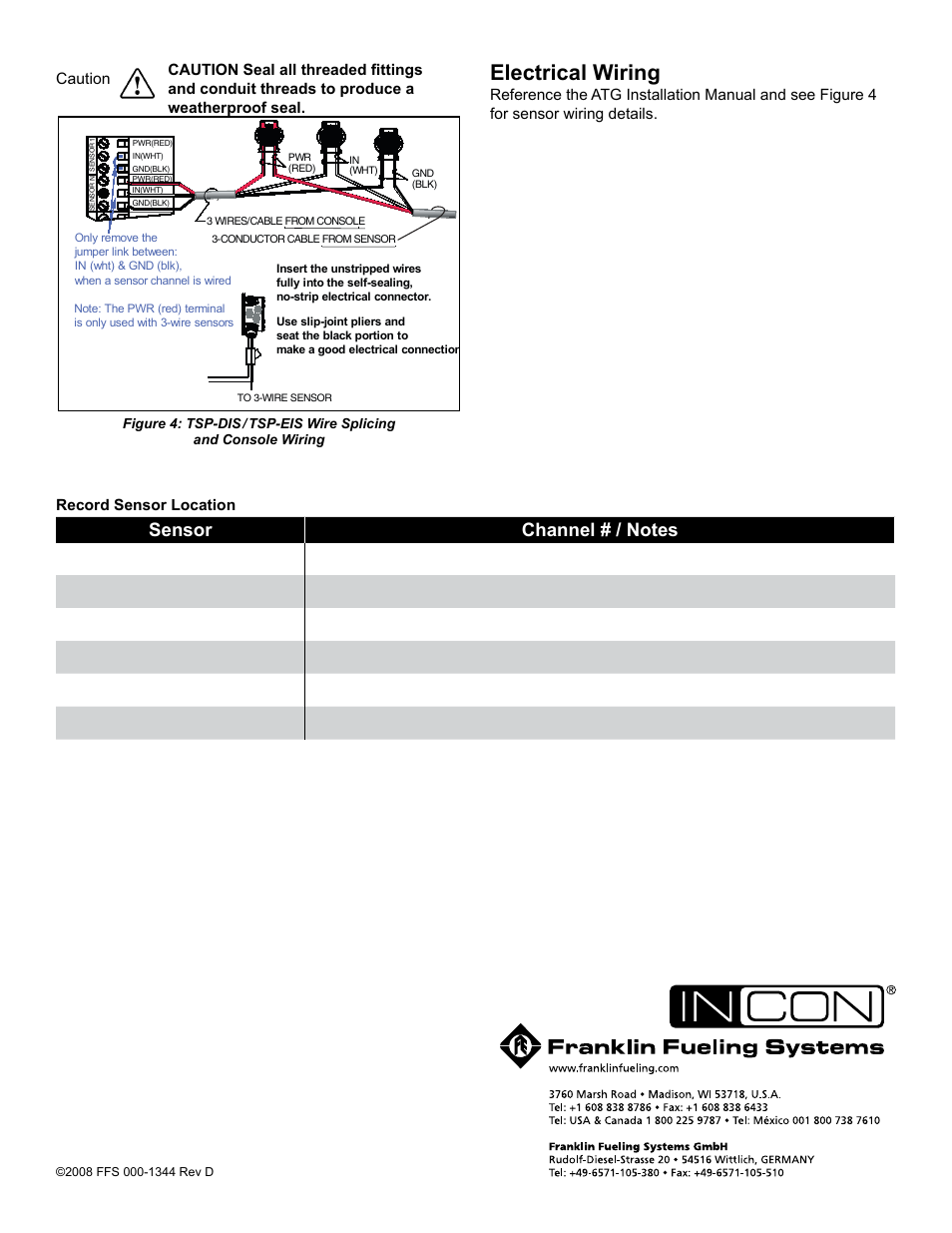 Electrical wiring, Caution warning record sensor location | Franklin Fueling Systems TSP-DIS User Manual | Page 4 / 4