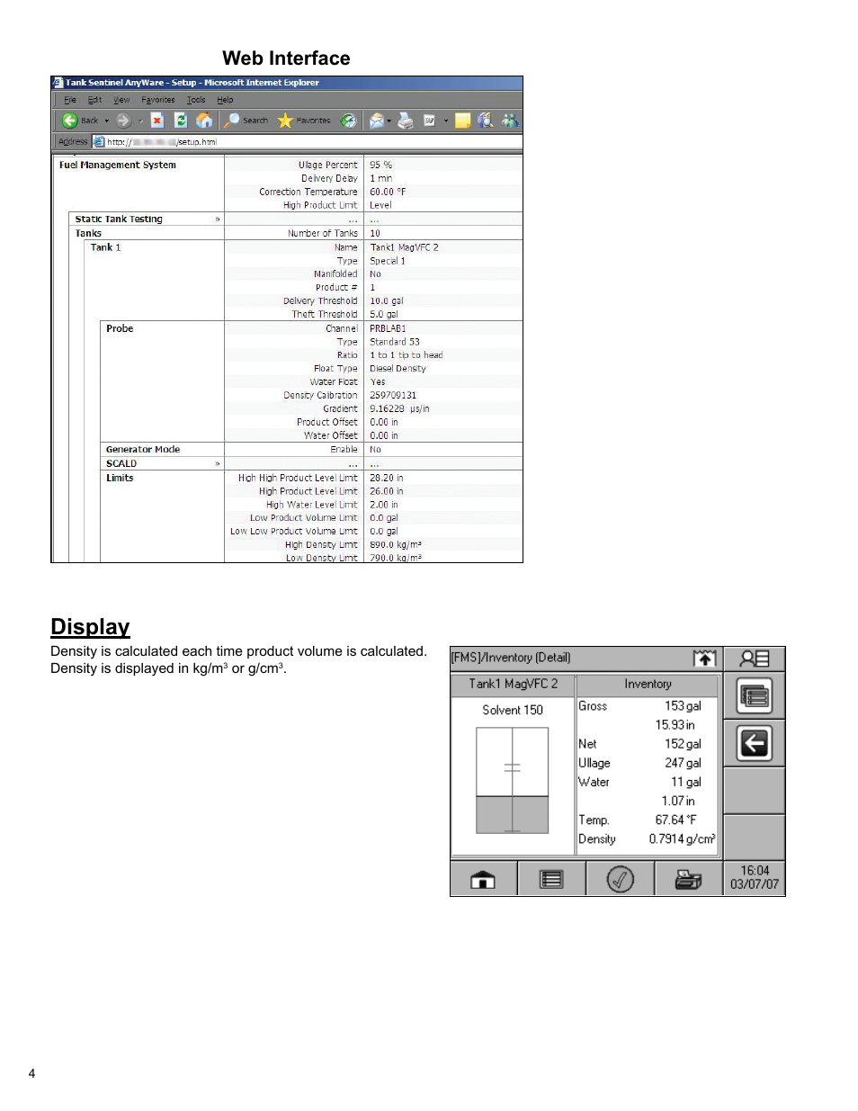 Display, Web interface | Franklin Fueling Systems T5 Series Density Measurement Option Installation User Manual | Page 4 / 8