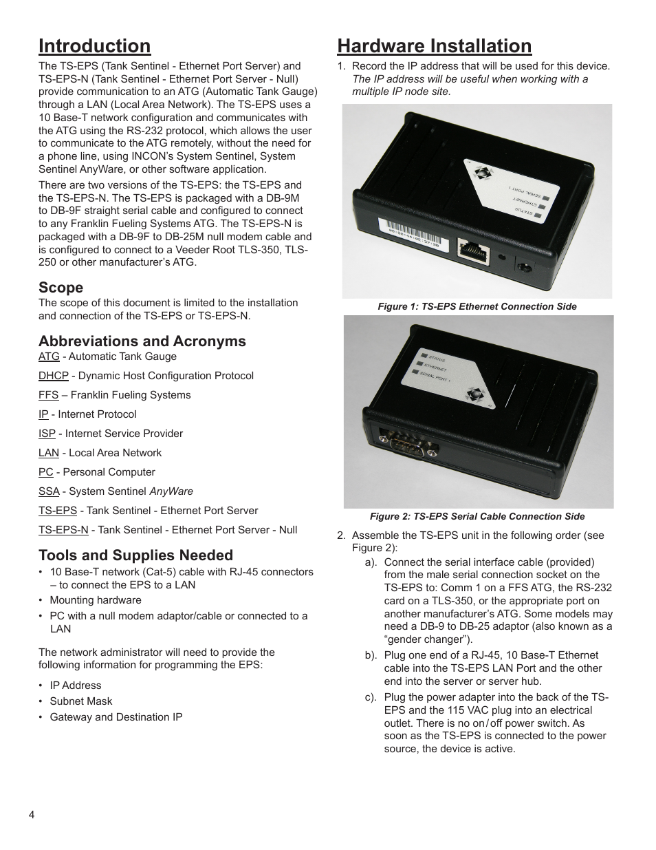 Introduction, Hardware installation, Scope | Abbreviations and acronyms, Tools and supplies needed | Franklin Fueling Systems TS-EPS User Manual | Page 4 / 12