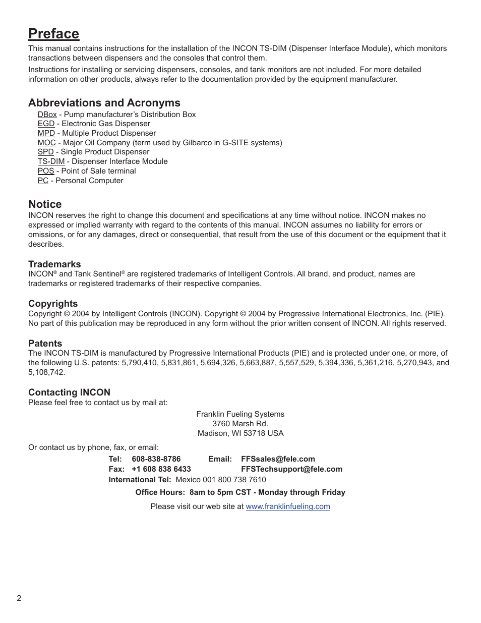 Preface, Abbreviations and acronyms, Notice | Franklin Fueling Systems TS-DIM User Manual | Page 2 / 30