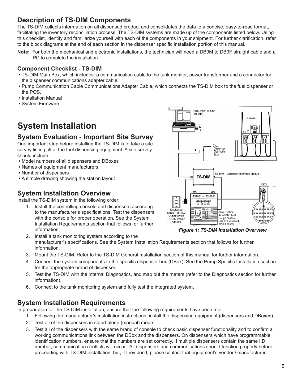 System installation, Description of ts-dim components, System evaluation - important site survey | System installation overview, System installation requirements | Franklin Fueling Systems TS-DIM User Manual | Page 5 / 30