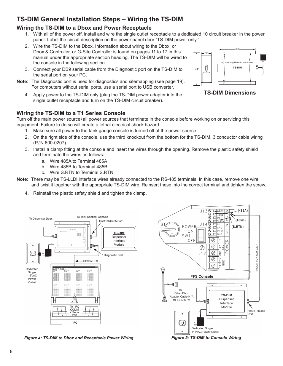 Wiring the ts-dim to a dbox and power receptacle, Wiring the ts-dim to a t1 series console, Ts-dim dimensions | Franklin Fueling Systems TS-DIM User Manual | Page 8 / 30