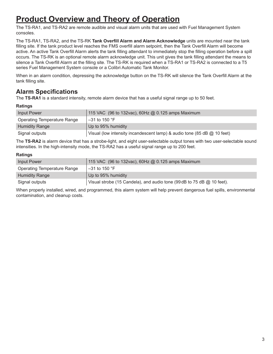 Product overview and theory of operation, Alarm specifications | Franklin Fueling Systems TS-RA2 User Manual | Page 3 / 12