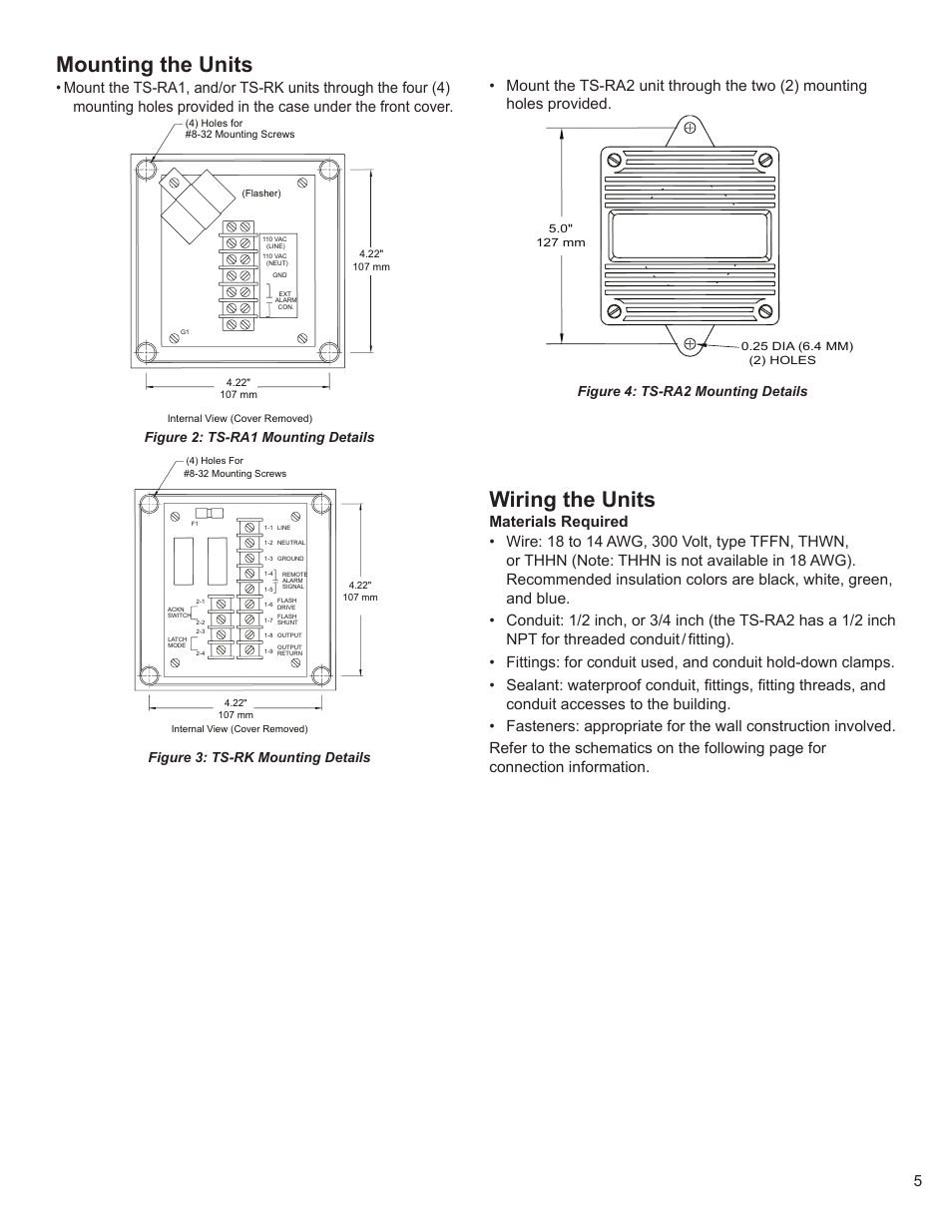 Mounting the units, Wiring the units, Figure 2: ts-ra1 mounting details | Figure 3: ts-rk mounting details, Figure 4: ts-ra2 mounting details | Franklin Fueling Systems TS-RA2 User Manual | Page 5 / 12