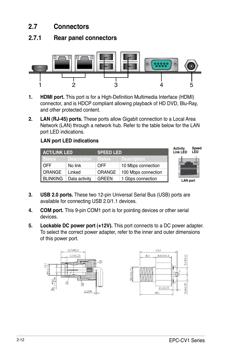 7 connectors, 1 rear panel connectors, Connectors -12 2.7.1 | Rear panel connectors -12 | AAEON EPIC-CV01 Series User Manual | Page 20 / 44