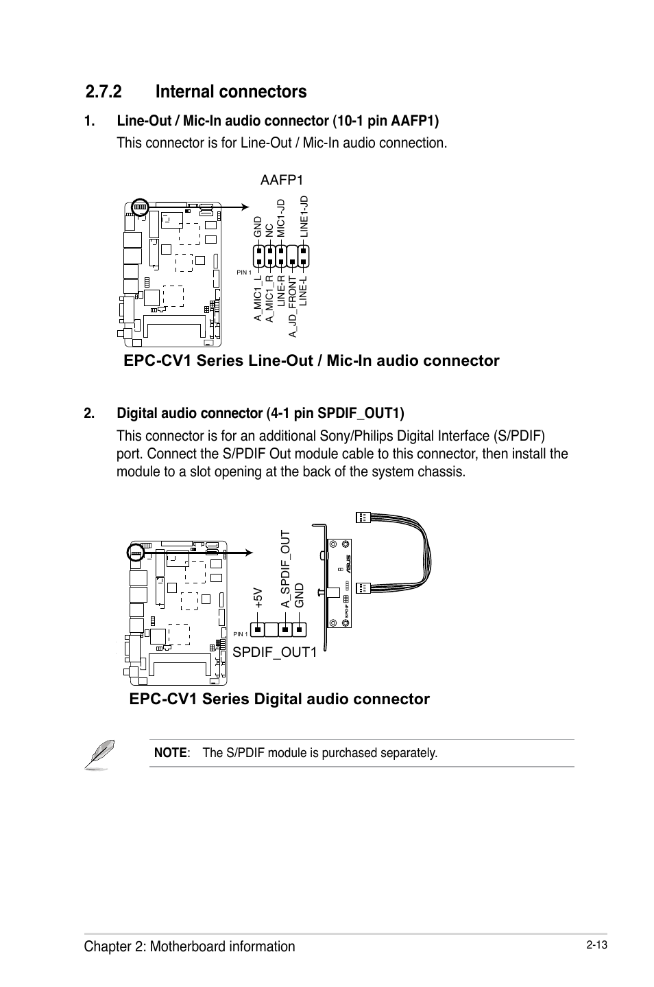 2 internal connectors, Internal connectors -13, Epc-cv1 series line-out / mic-in audio connector | Epc-cv1 series digital audio connector | AAEON EPIC-CV01 Series User Manual | Page 21 / 44