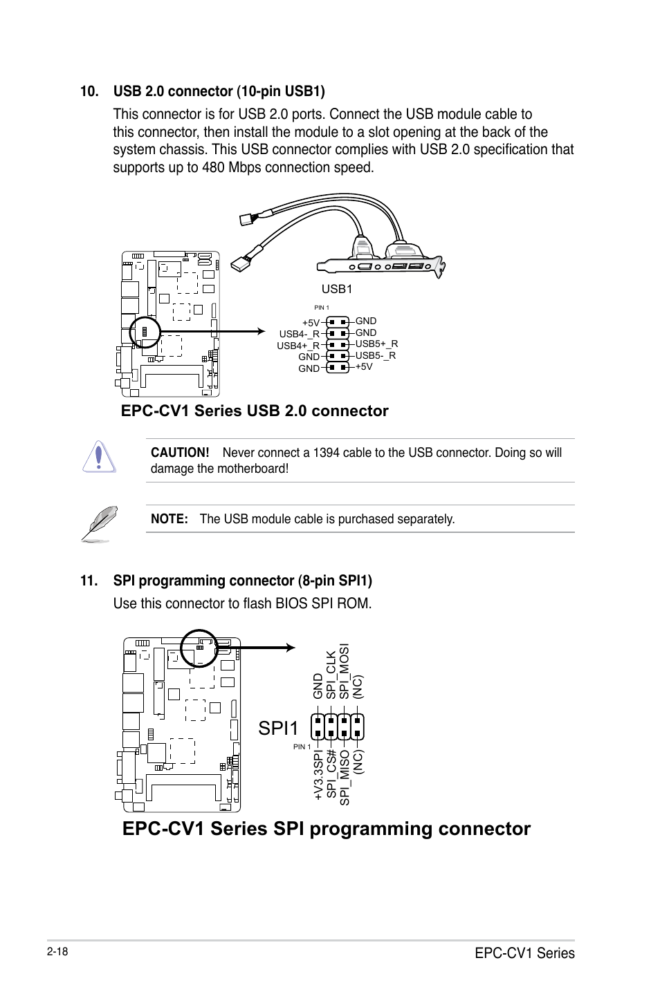 Epc-cv1 series spi programming connector, Spi1, Epc-cv1 series usb 2.0 connector | AAEON EPIC-CV01 Series User Manual | Page 26 / 44