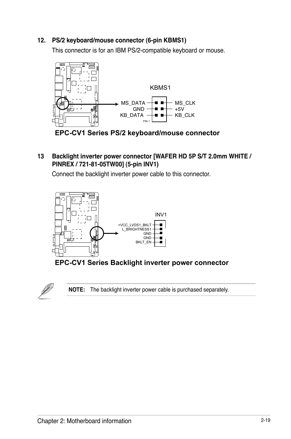 Epc-cv1 series ps/2 keyboard/mouse connector, Epc-cv1 series backlight inverter power connector | AAEON EPIC-CV01 Series User Manual | Page 27 / 44