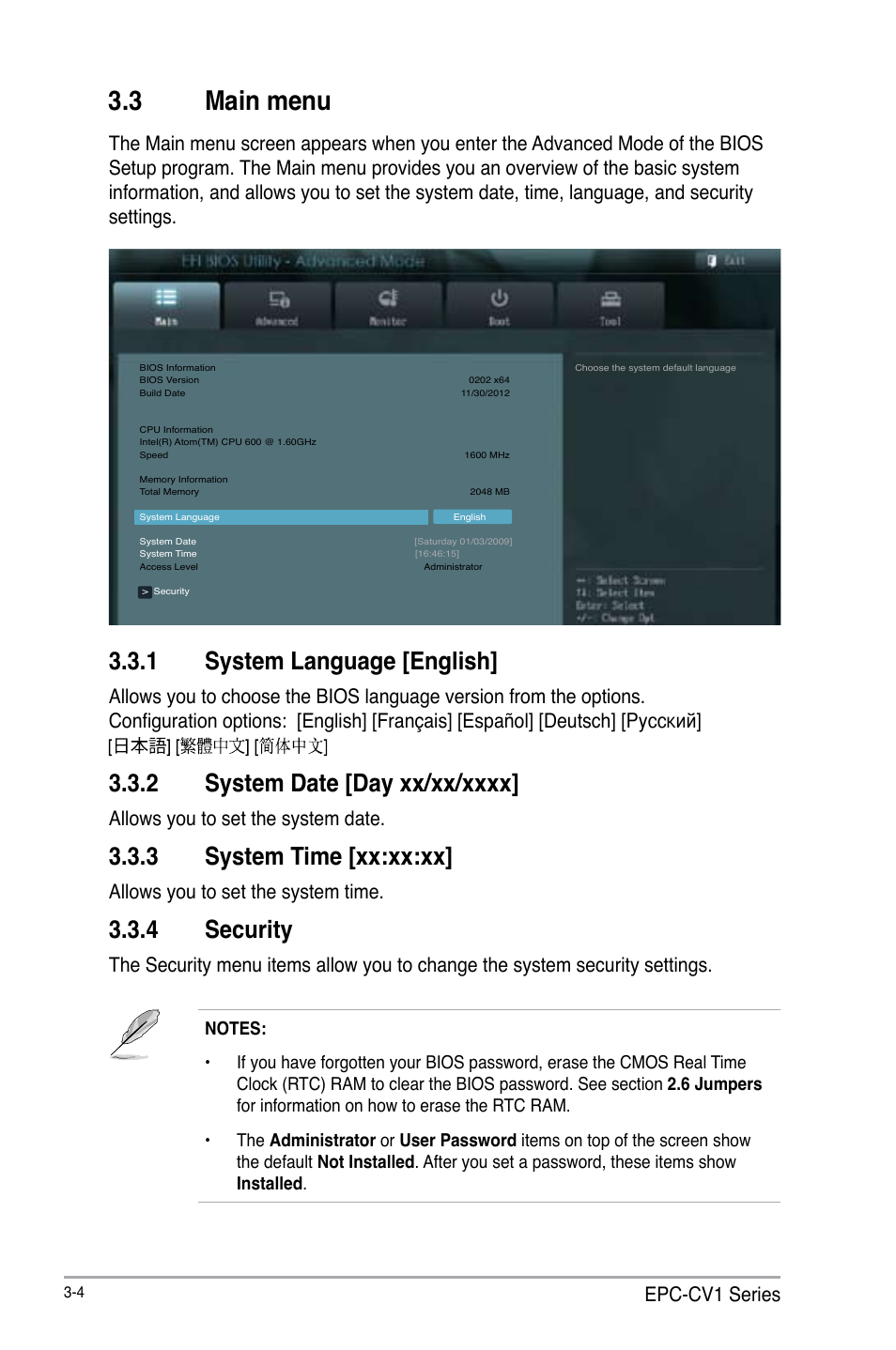 3 main menu, 1 system language [english, 2 system date [day xx/xx/xxxx | 3 system time [xx:xx:xx, 4 security, Main menu -4 3.3.1, System language [english] -4, System date [day xx/xx/xxxx] -4, System time [xx:xx:xx] -4, Security -4 | AAEON EPIC-CV01 Series User Manual | Page 34 / 44