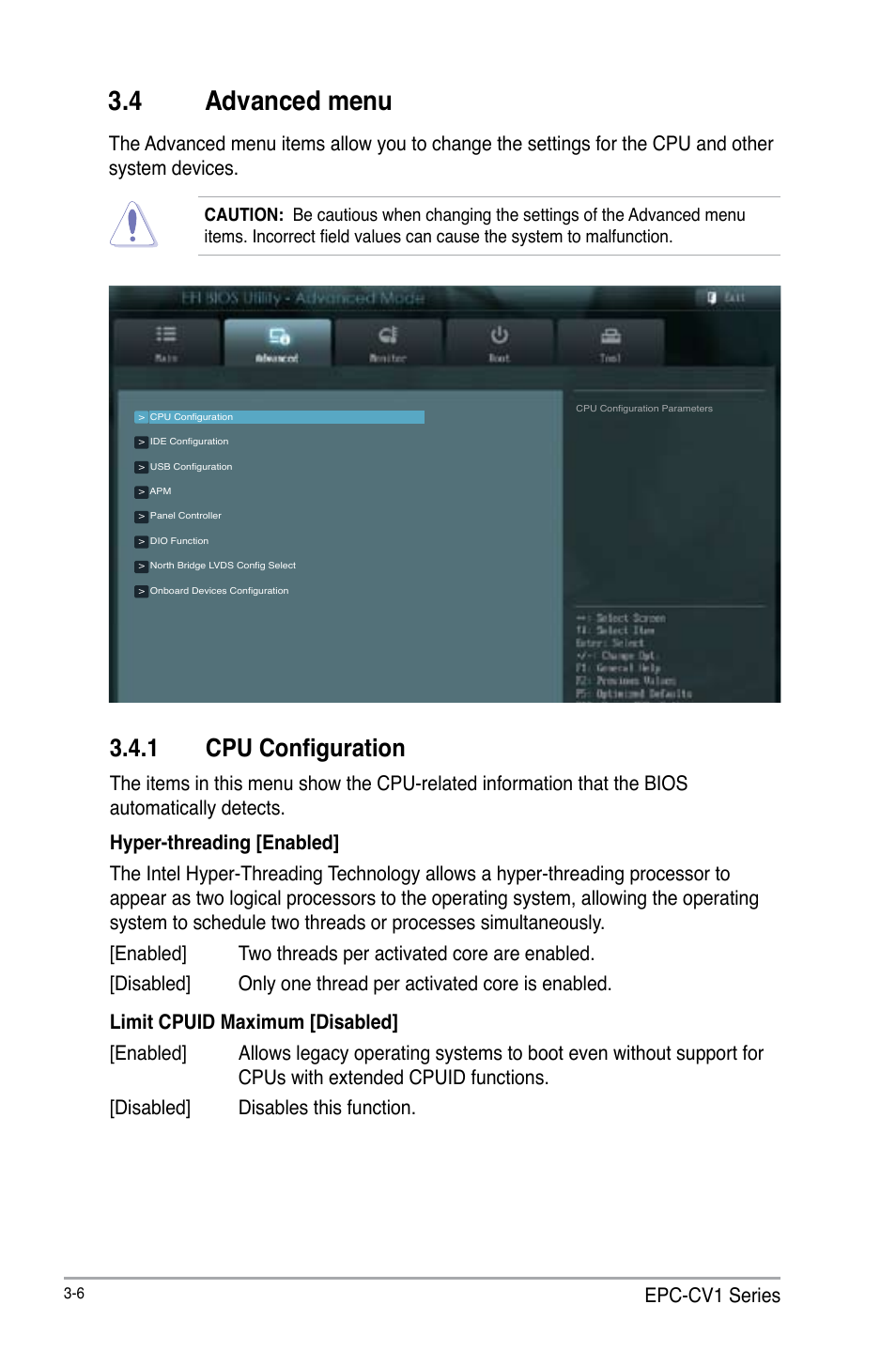 4 advanced menu, 1 cpu configuration, Advanced menu -6 3.4.1 | Cpu configuration -6 | AAEON EPIC-CV01 Series User Manual | Page 36 / 44
