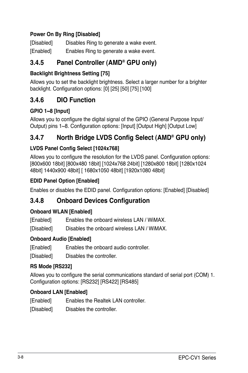 5 panel controller (amd® gpu only), 6 dio function, 7 north bridge lvds config select (amd® gpu only) | 8 onboard devices configuration, Panel controller (amd, Gpu only) -8, Dio function -8, North bridge lvds config select (amd, Onboard devices configuration -8, 5 panel controller (amd | AAEON EPIC-CV01 Series User Manual | Page 38 / 44
