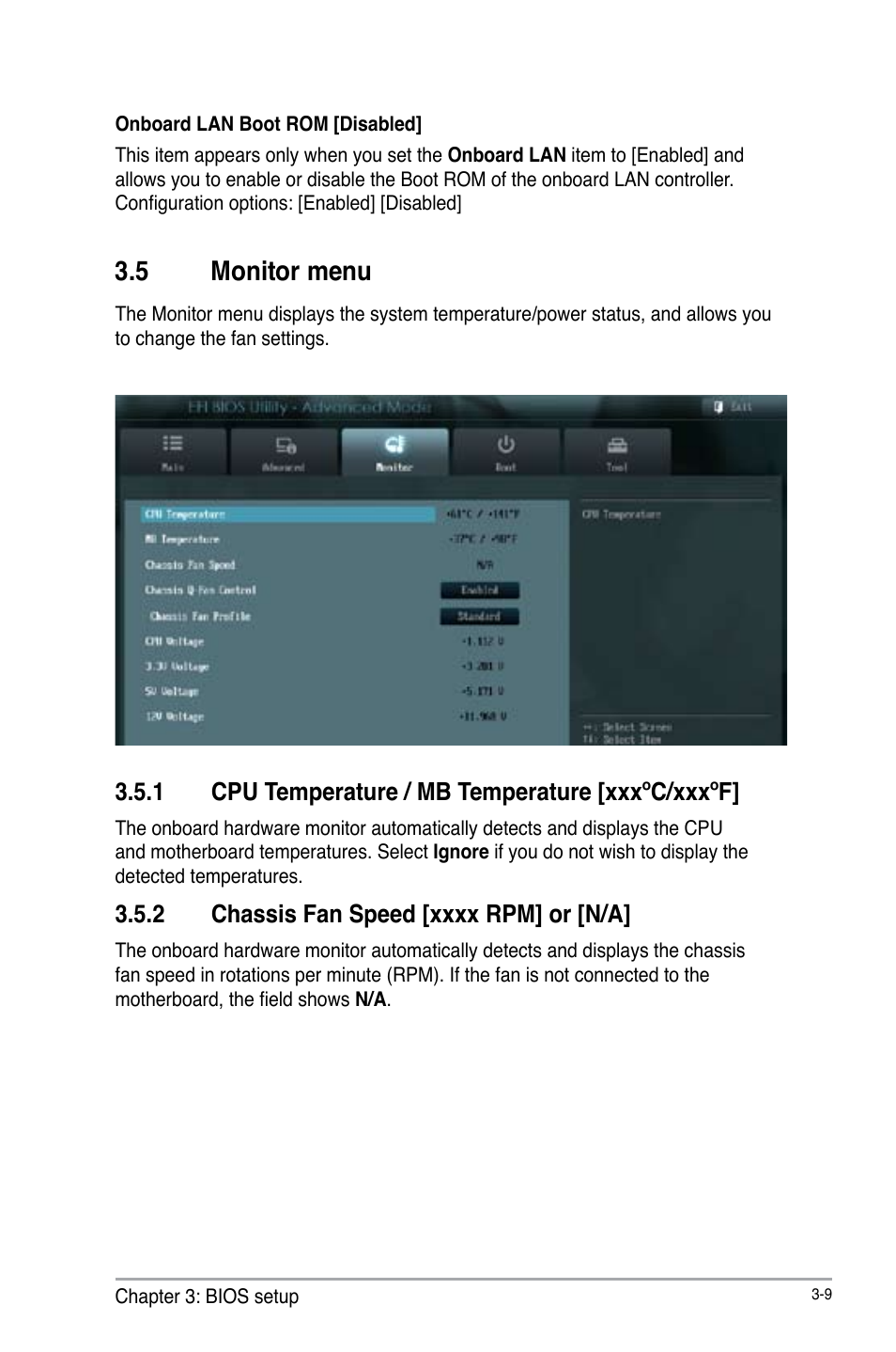 5 monitor menu, 1 cpu temperature / mb temperature [xxxºc/xxxºf, 2 chassis fan speed [xxxx rpm] or [n/a | Monitor menu -9 3.5.1, Cpu temperature / mb temperature [xxxºc/xxxºf] -9, Chassis fan speed [xxxx rpm] or [n/a] -9 | AAEON EPIC-CV01 Series User Manual | Page 39 / 44