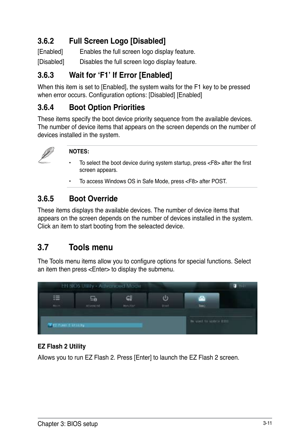 2 full screen logo [disabled, 3 wait for ‘f1’ if error [enabled, 4 boot option priorities | 5 boot override, 7 tools menu, Full screen logo [disabled] -11, Wait for ‘f1’ if error [enabled] -11, Boot option priorities -11, Boot override -11, Tools menu -11 | AAEON EPIC-CV01 Series User Manual | Page 41 / 44