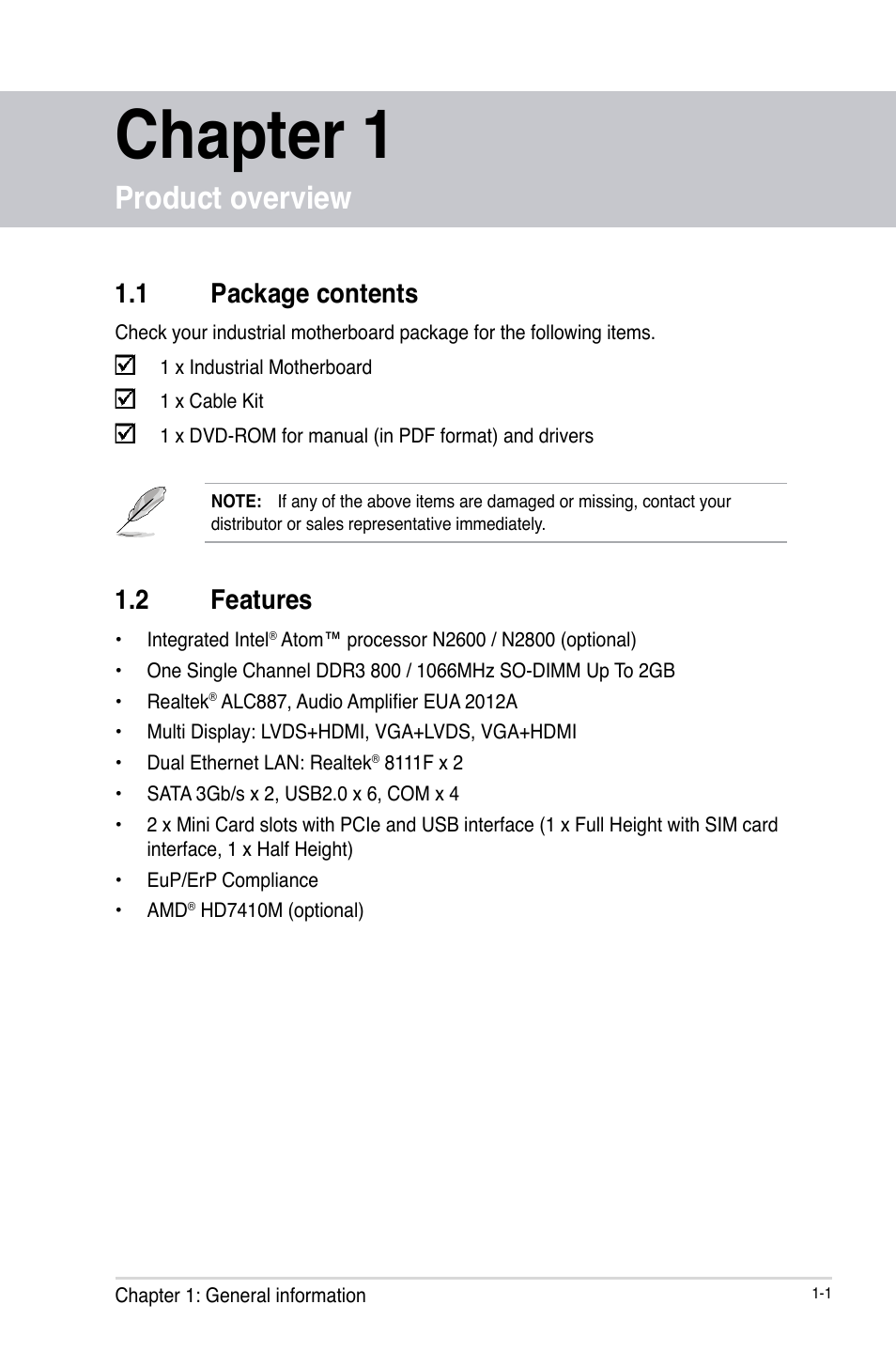 Chapter 1: product overview, 1 package contents, 2 features | Product overview, Package contents -1, Features -1, Chapter 1 | AAEON EPIC-CV01 Series User Manual | Page 5 / 44