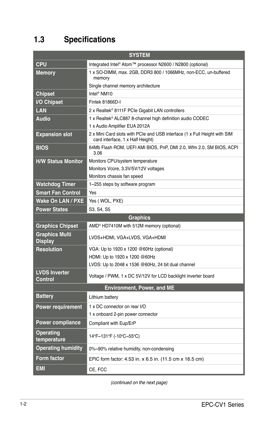 3 specifications, Specifications -2, Epc-cv1 series | AAEON EPIC-CV01 Series User Manual | Page 6 / 44